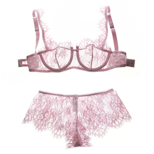 Fashion eyelash lace sexy thin transparent lace bra set underwear women set perspectivity plus size bras and panties