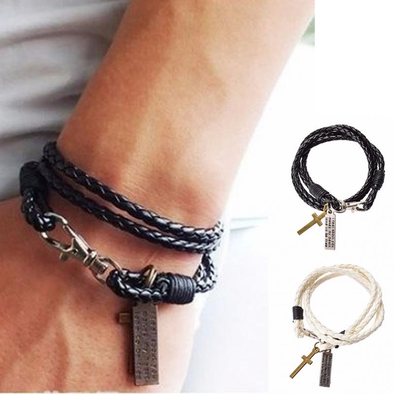 C14F 2 Layer Men/'s Leather Black Wristband Bangle Bracelet Fashion Jewerly 1pc