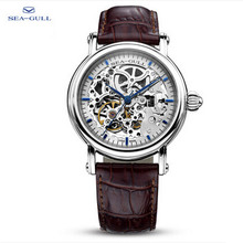 original seagull black genuine leather 50m waterproof transparent dial automatic Mechanical men Skeleton watch