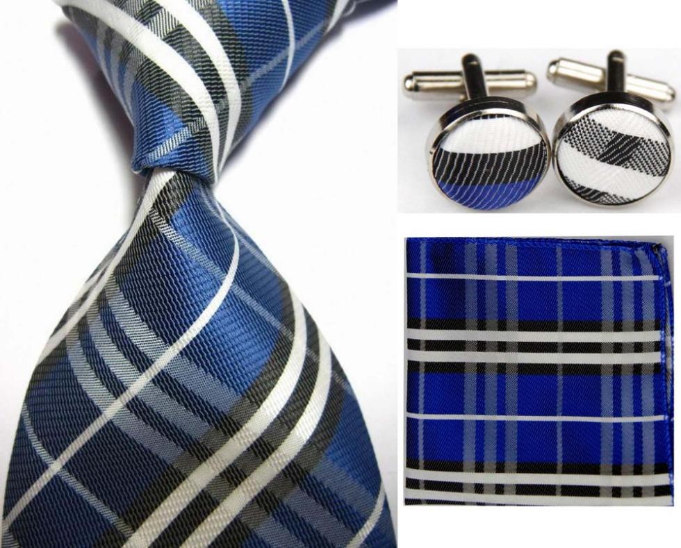 SNT0427 Blue Black Stripes 2014 New Classic Ties Hanky Handkerchief Cufflinks Men s Business Casual Party