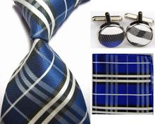 SNT0427 Blue Black Stripes 2014 New Classic Ties Hanky Handkerchief Cufflinks Men s Business Casual Party