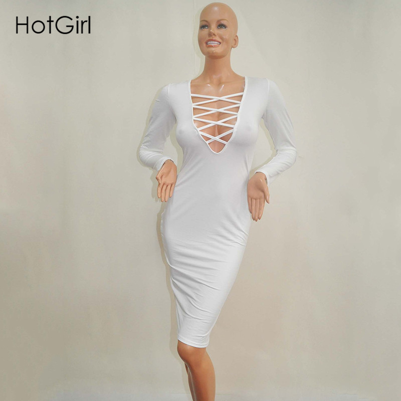 Vestidos Cotton Women Tie Up Autumn Bodycon Party Dress Sexy Deep V