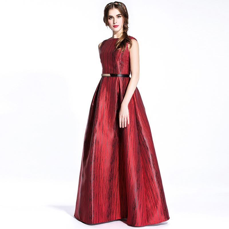 Temperament Dress 2016 Summer New Fashion Runway Brand Jacquard Sleeveless Slim Belt Striped Floor-Length Red Elegant Dress