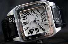Súper ventas hombres de lujo del reloj del regalo movimiento automático de acero inoxidable santos negro banda de cuero original relojes para hombres relojes de