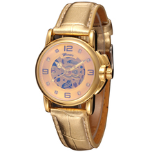 2014 Winner WRL8011M3G3 new Automatic Ladies fashion skeleton dress watch gold wristwatch gold leather strap free shipping