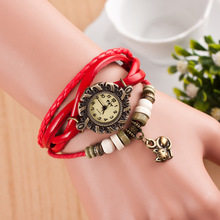 Fashion Retro Trendy Mayan Style Cat Pendant Leather Knit Band Vintage Bracelet Bangle Wrist watch Watches for Women Girls