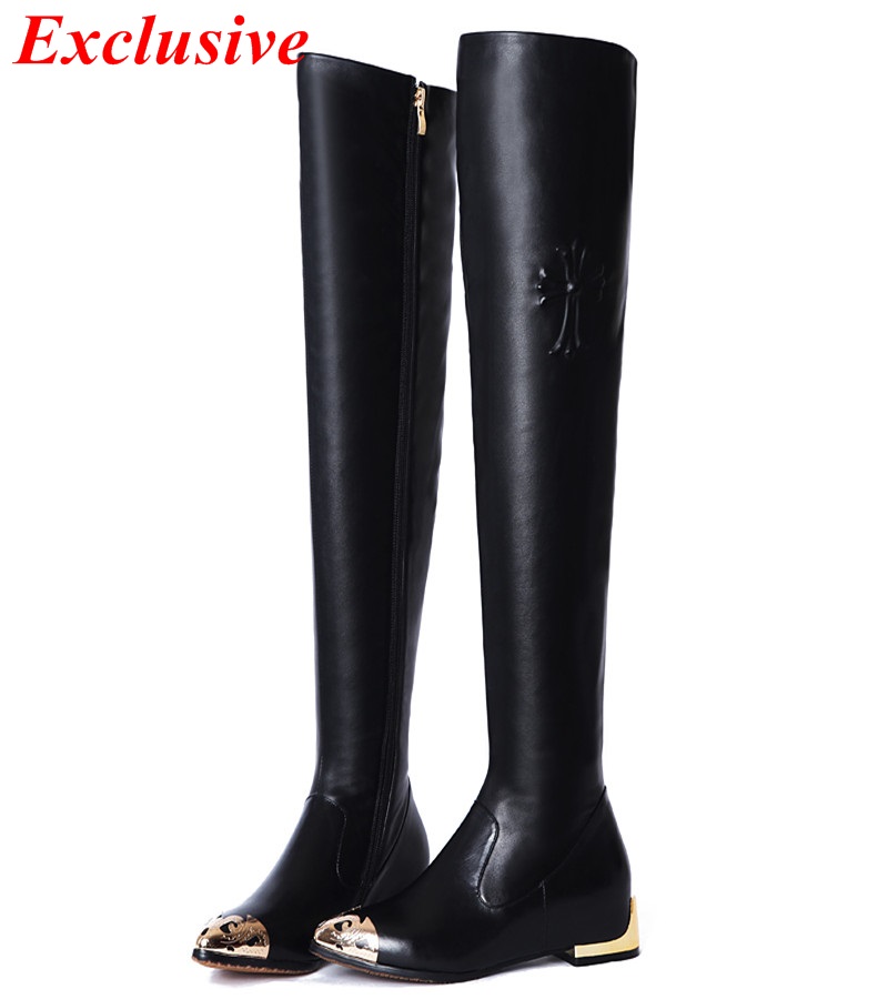 2015 Woman Low-heeled Knee Boots Winter Short Plush Sequined Pointed Toe Long Boots High Quality Cowhide Low-heeled Knee Boots