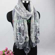 Chiffon Stitching 2 Article Artifical Rabbit Fur Lace Floral Sequins Long Scarf