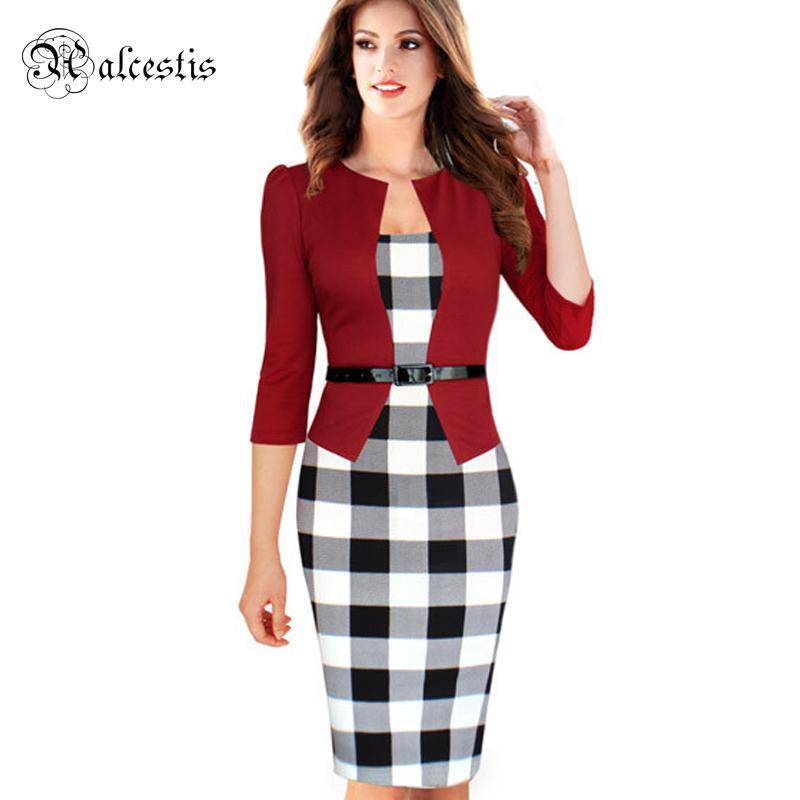 Womens Elegant Faux Twinset Belted font b Tartan b font Floral Lace Patchwork Wear to Work