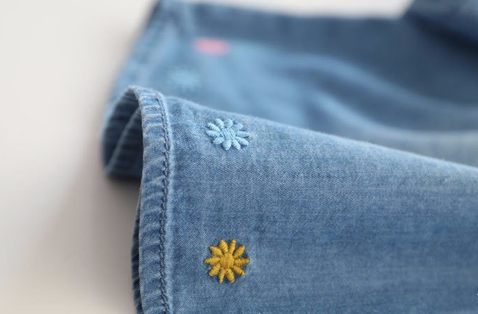 sinine teksakleit lilledega tikandiga