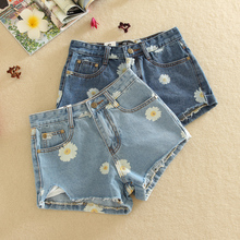 2016 kawaii women’s chrysanthemum daisy roll-up irregular hem denim female ulzzang pants and jeans shorts for women