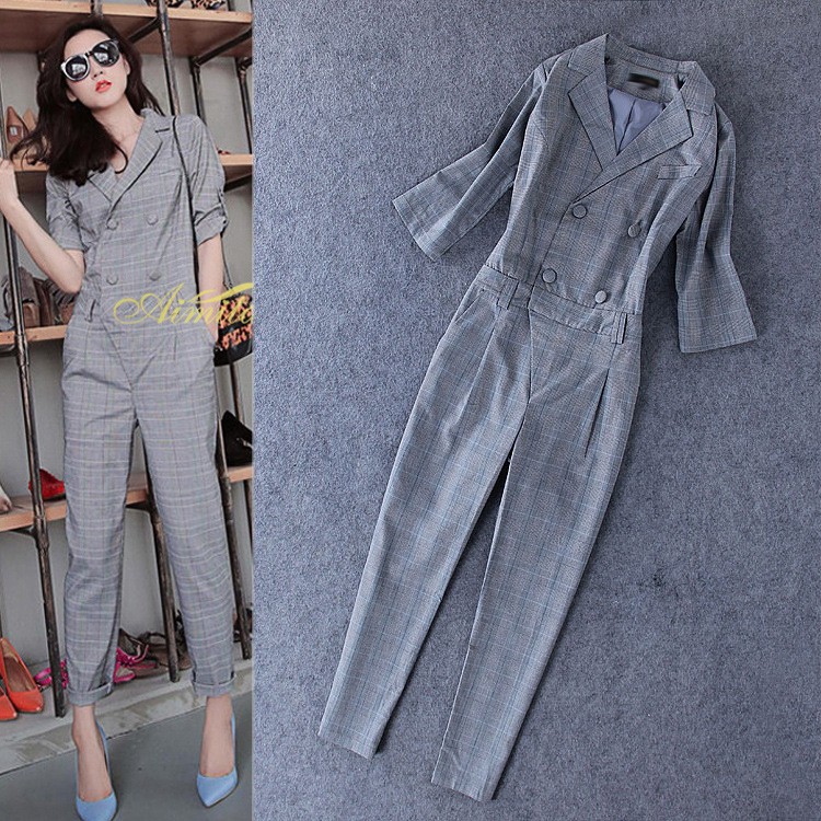 Top Quality 2015 Women Fashion Three Quarter Gray Jumpsuit Rompers For Womens Casual Plaid Vintage Jumpsuits Roupas Femininas