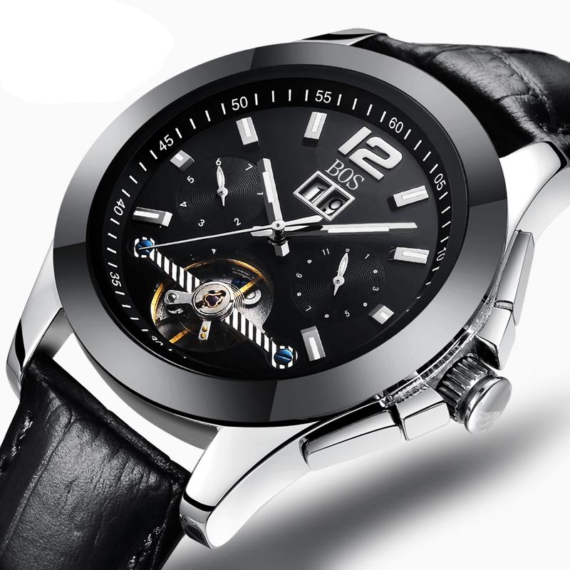 Multi Function Automatic Mechanical watches men luxury brand BOS Stainless Steel black dial Calendar Steel Ceramic