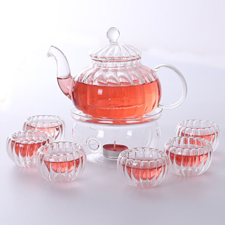 Glass teaset coffee set 600ml teapot 1 round warmer base 6pc 50ml double wall tea cup