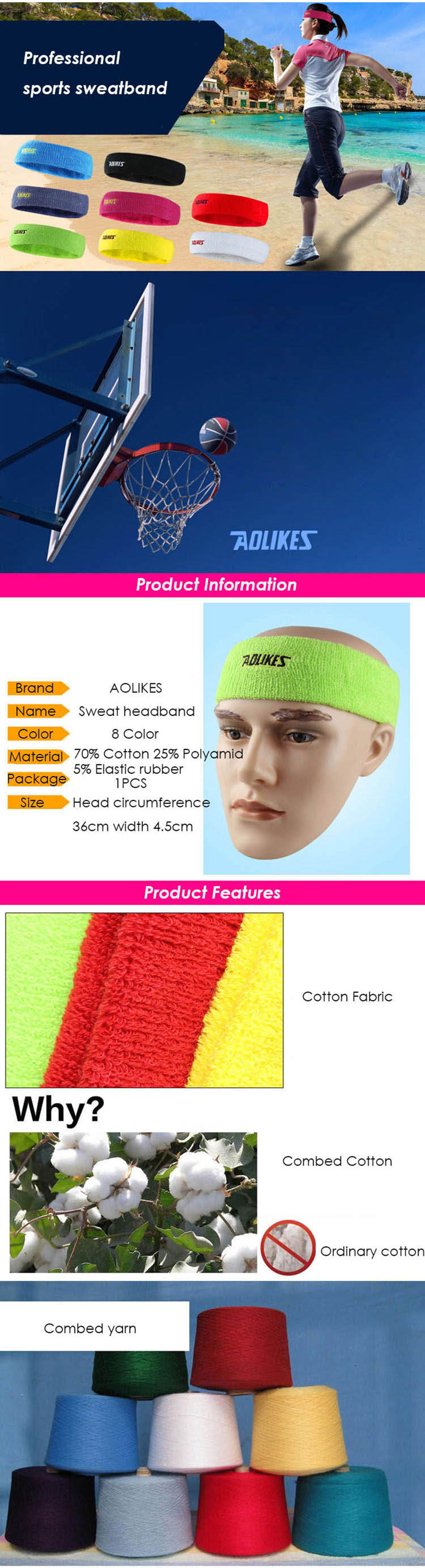 Description Picture 3 of itemAOLIKES High Quality Cotton Sweat Headband For Men Sweatband women Yoga Hair Bands Head Sweat Bands Sports Safety