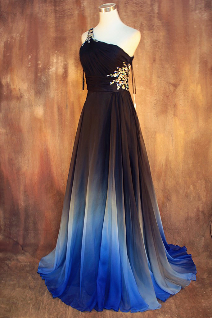 New Arrival Gradient Chiffon Prom Dress Evening Dress Strapless With Pleats Ombre Dress Navy 2987