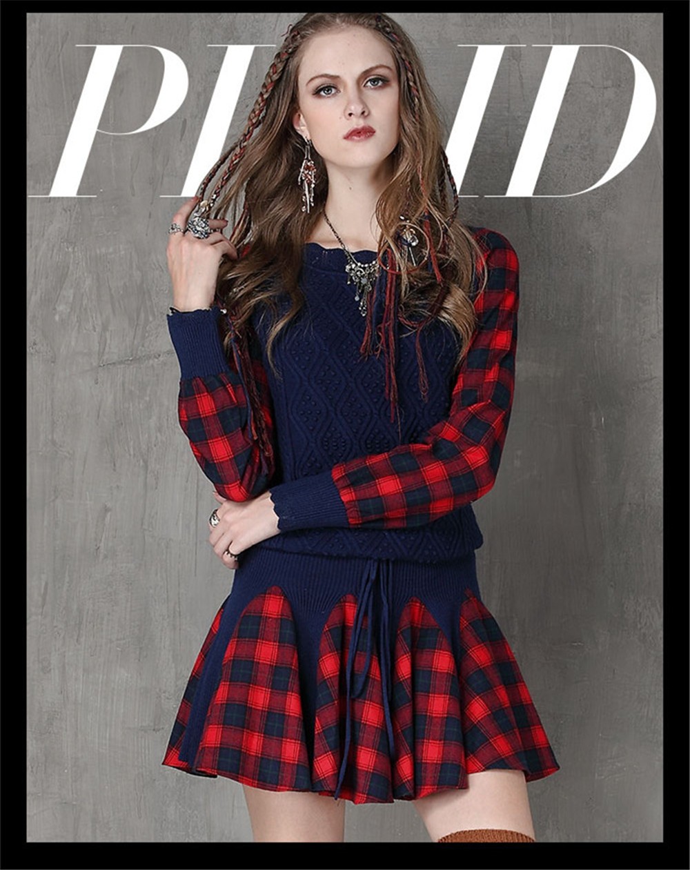 Vintage Wool WINTER DRESS 2016 Casual Knitting Long Sleeve Women Dress Plaid Sashes Patchwork Sweater Dress Woman O-neck Vestido (1)