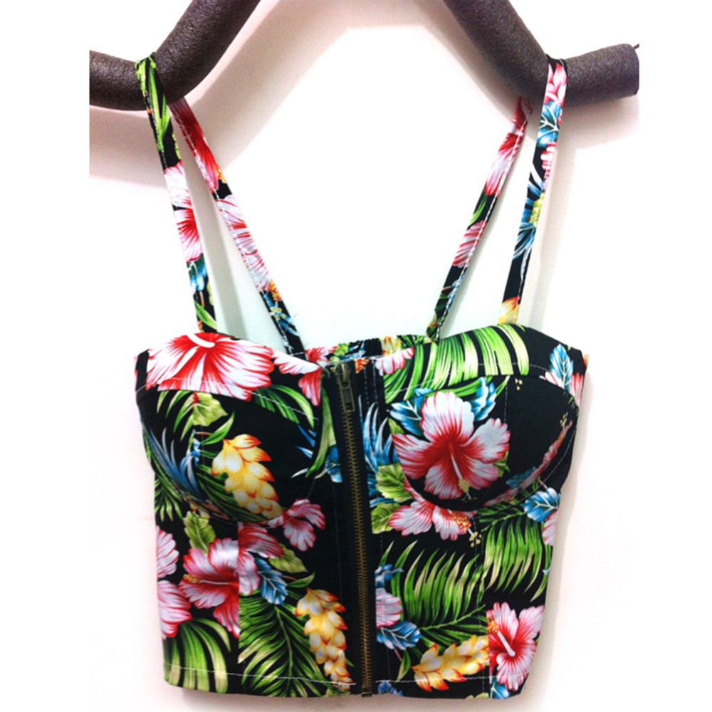 Factory Price! New Women Sexy Zipper Floral Vintage Padded Bustier Cropped Tops Zipper Bra Party Crop Top Cami Bikini Tank