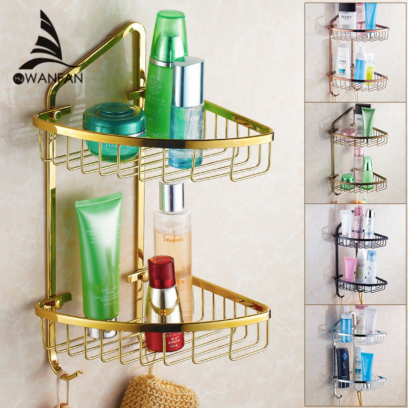 Free Shipping Wall Mounted Gold finish NEW Brass Bathroom Shower Shelf bathroom Basket Holder sanitary ware HJ-827