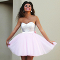 2016 New Pink Short Prom Dresses Sweetheart Top Sequins Tulle Light Pink Cocktail Dresses Back Bow