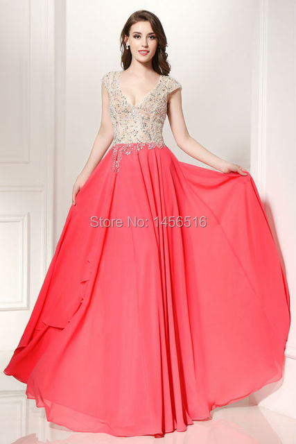 Images réelles Longue Robes De Soirée 2017 Nouvelle Arrivée Robes Formelles V cou En Mousseline de