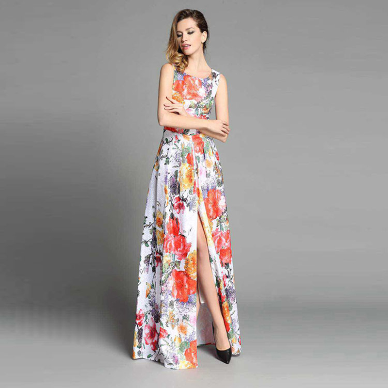 Romantic Dress New 2016 Summer Runway Brand Fashion Flower Print Elegant Sleeveless Split Floor-Length Bohemian Dress