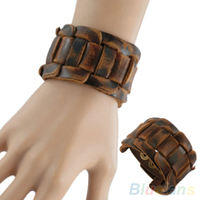 Men Retro Weave Genuine Leather Belt Wristband Bangle Snaps Fastener Cuff Bracelet