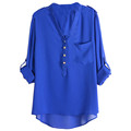 Spring Summer Women t shirt Chiffon Pockets V neck Long Sleeve camiseta clothing female Elegant blusas