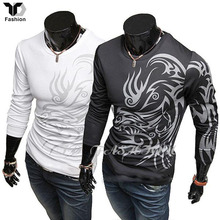 2014 New Mens Dragon Tatto Print T Shirt  Long Sleeve Oneck Mens T-shirt Casual Outdoor Tshirt for Men