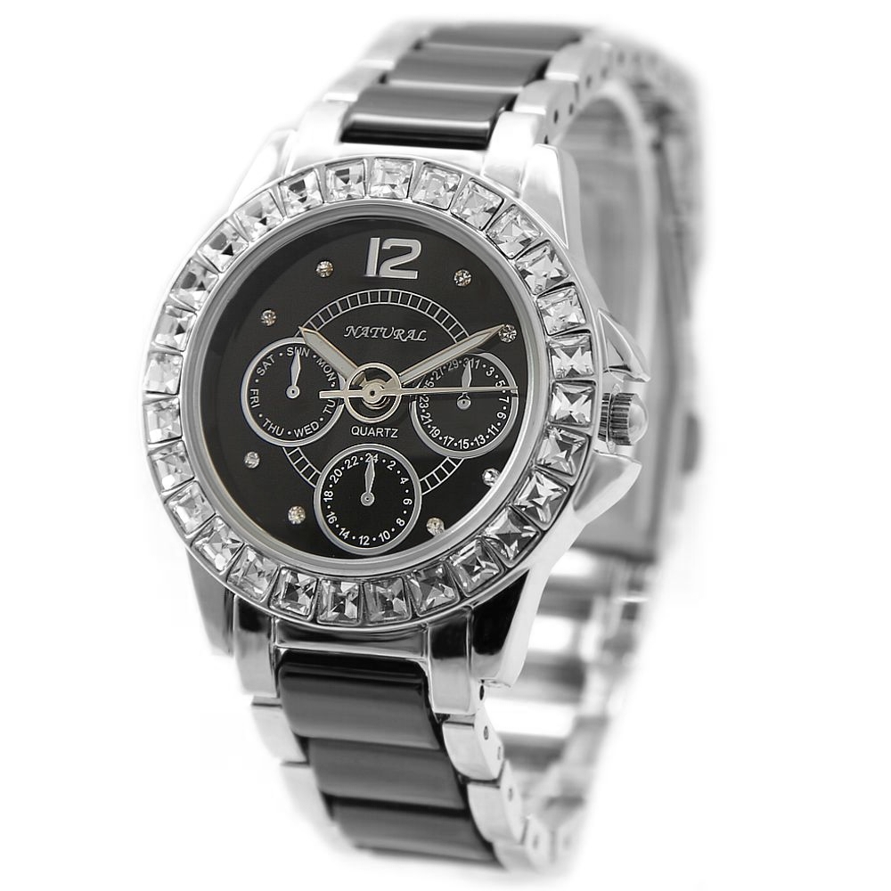 FW830Q PNP Shiny Silver Watchcase Black Dial Ladies Women Ceramic Bracelet Watch