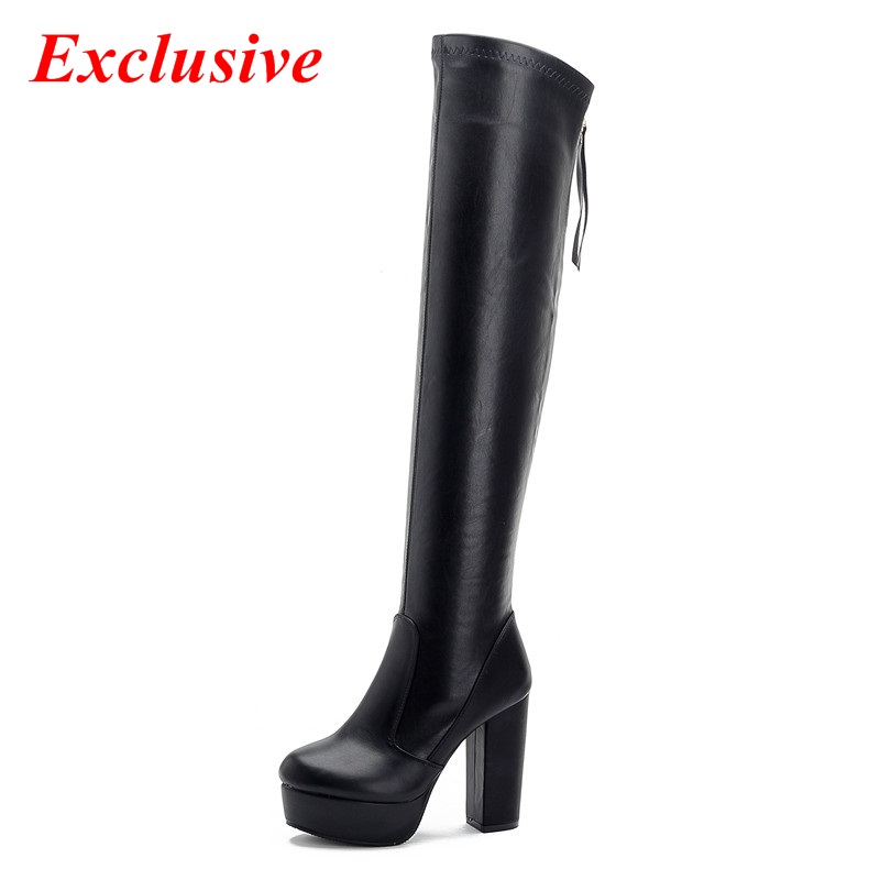 Thick With Knee Boots 2015 Latest High-heeled Long Boots Winter Short Plush Black Woman Shoe Hoof Heels Thick With Knee Boots