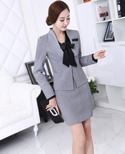 New Professional Business Women Suits Novelty Grey 2015 Autumn Winter Jakctes And Skirt Female Ladies Office Career Blazers Sets