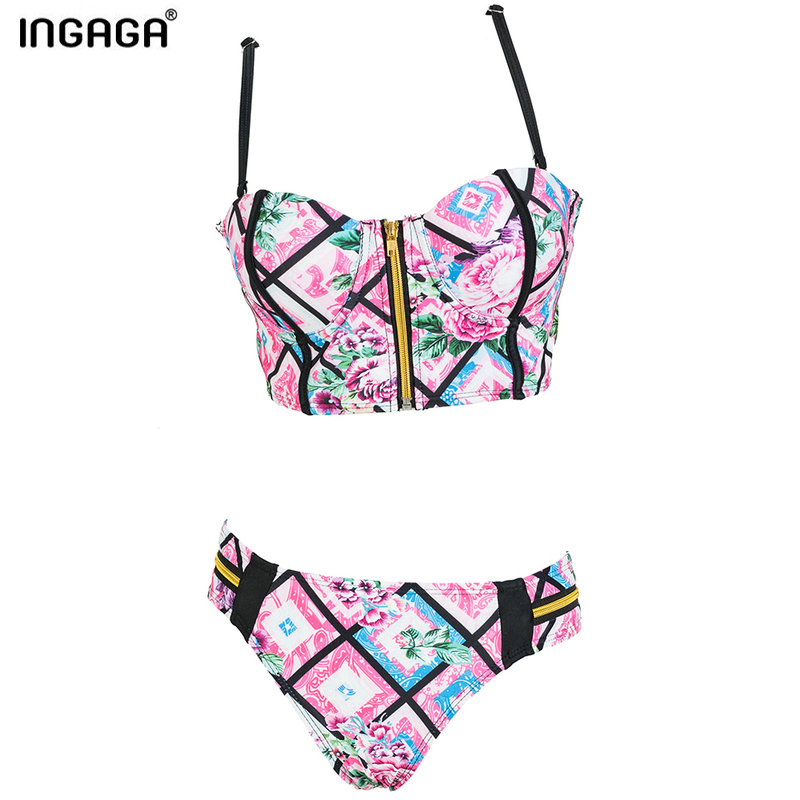 INGAGA 2016 Summer Swimwear Floral Printed Zipper Bikini Brazilian Sexy Low Waist Women Push Up Bathing Suit Beachwear INGAGA 2016 Summer Swimwear Floral Printed Zipper Bikini Brazilian Sexy Low Waist Women Push Up Bathing Suit Beachwear