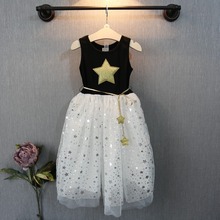 New arrival baby girls dress star printed with belt sleeveless yarn dress for girl kids clothing summer style for children