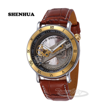 2016 SHENHUA Men’s Automatic Mechanical Wrist watches Tourbillon Skeleton Hollow Self Wind Luxury Waterproof Leather Strap Clock