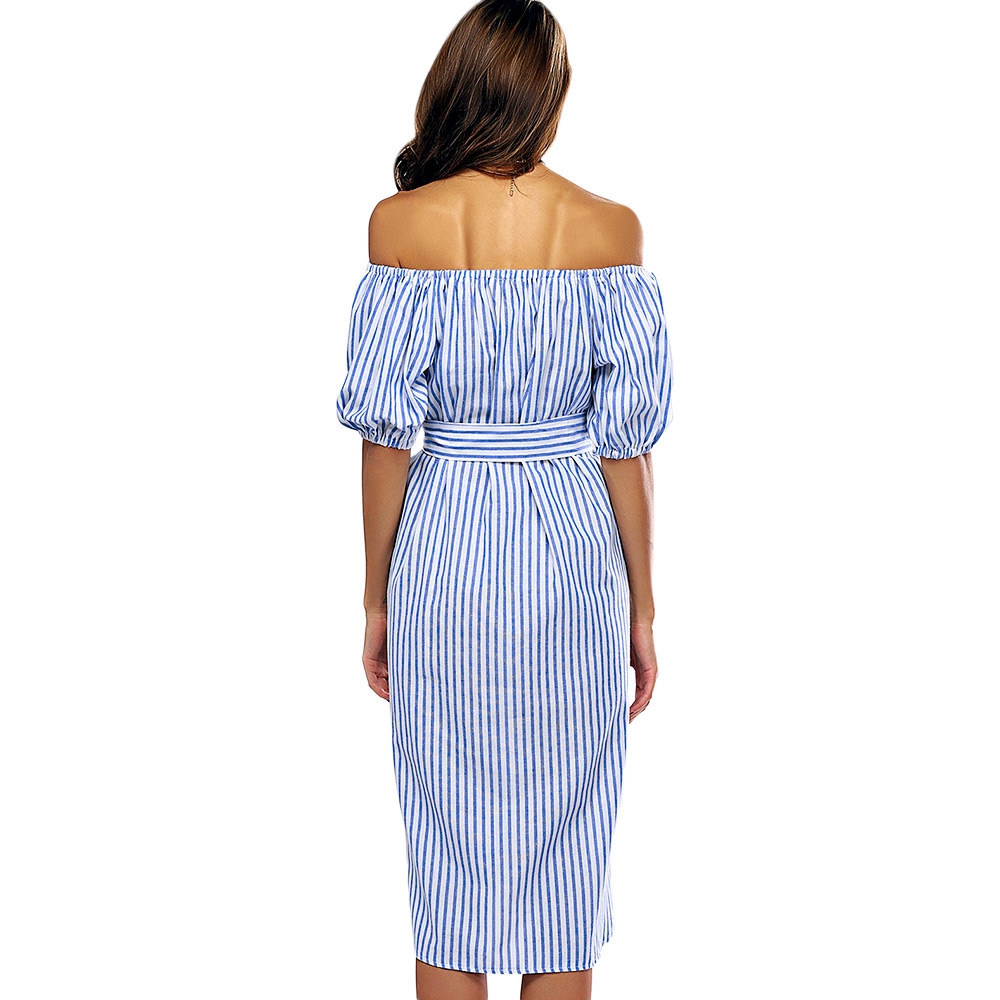 VESTLINDA Off Shoulder Blue Striped Shirt Dress Women Short Lantern Sleeve Midi Dresses Vestidos 2017 Casual Embroidery Dress 2