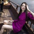 Fashion Autumn Dress Design Winter Women Star Designure Soluble Flowers Purple Dress with Long Sleeve and