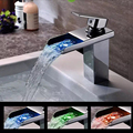 Free shipping soild brass chrome finish bathroom faucet 3 color led waterfall washbasin faucets square spout