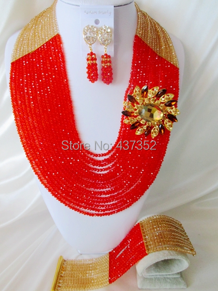 Exclusive 22'' Long 16 layers Champagne Gold and Red Crystal Nigerian Beads Necklaces African Wedding Beads Jewelry Set NC040