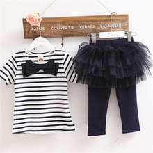 2016 Kid Girl Stripe Bow Top T-shirt + Tutu Skirt Leggings Culottes 2 pcs Outfit Sets