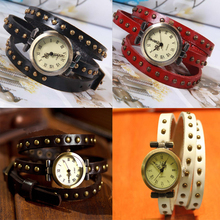 Café Retro Vintage de las muchachas de señora Women Wrap remache de la aleación correa de cuero pulsera pulsera de cuarzo