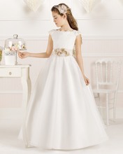2016 A-Line Scoop Flower Girl Dresses Sleeveless Floor-Length Embroidery Cap Sleeves Satin first communion dress for girls