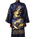 Free Shipping Navy Blue Chinese Men s Satin Silk Robe Embroidery Kimono Bath Gown Dragon Nightwear
