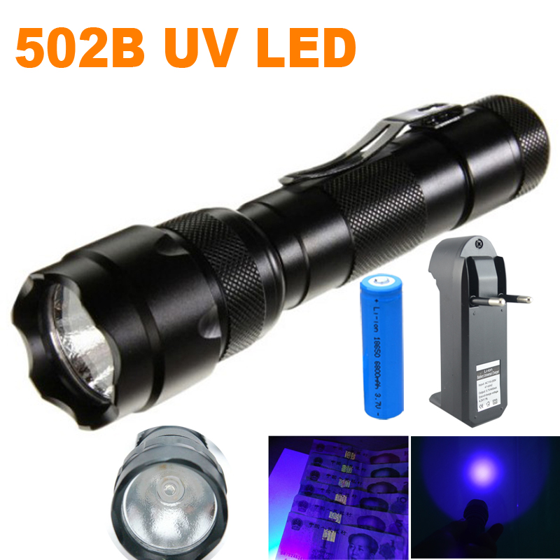 502b 3 w mor ışık ultraviyole luxeon 395-410nm uv led el feneri + 18650 şarj edilebilir pil + şarj kiti(China (Mainland))