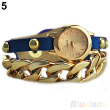 New Arrived Women s Punk Golden Dial Faux Leather Chain Analog Quartz Bracelet Wrist Watch 146O