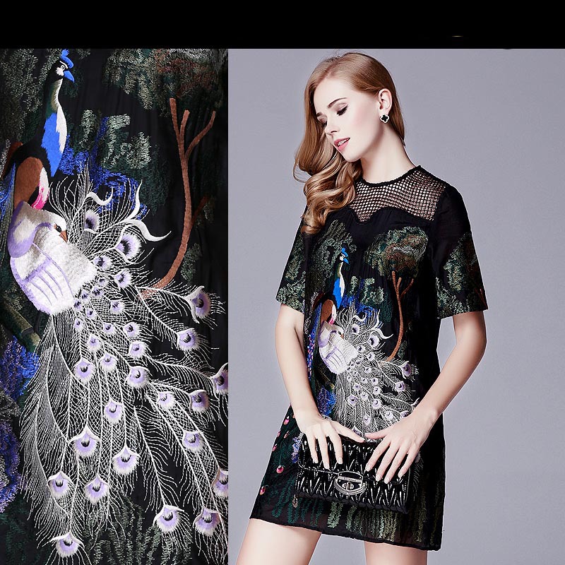 2015 Retro Chinese National Wind Designer Heavy Peacock Embroidered Gauze Patchwork Short Sleeve Dress Plus Size Dress