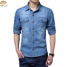 Plus Size Men Denim Shirts 5XL Cotton Slim Fit Famous Brand Pockets Camiseta Masculina 2015 New
