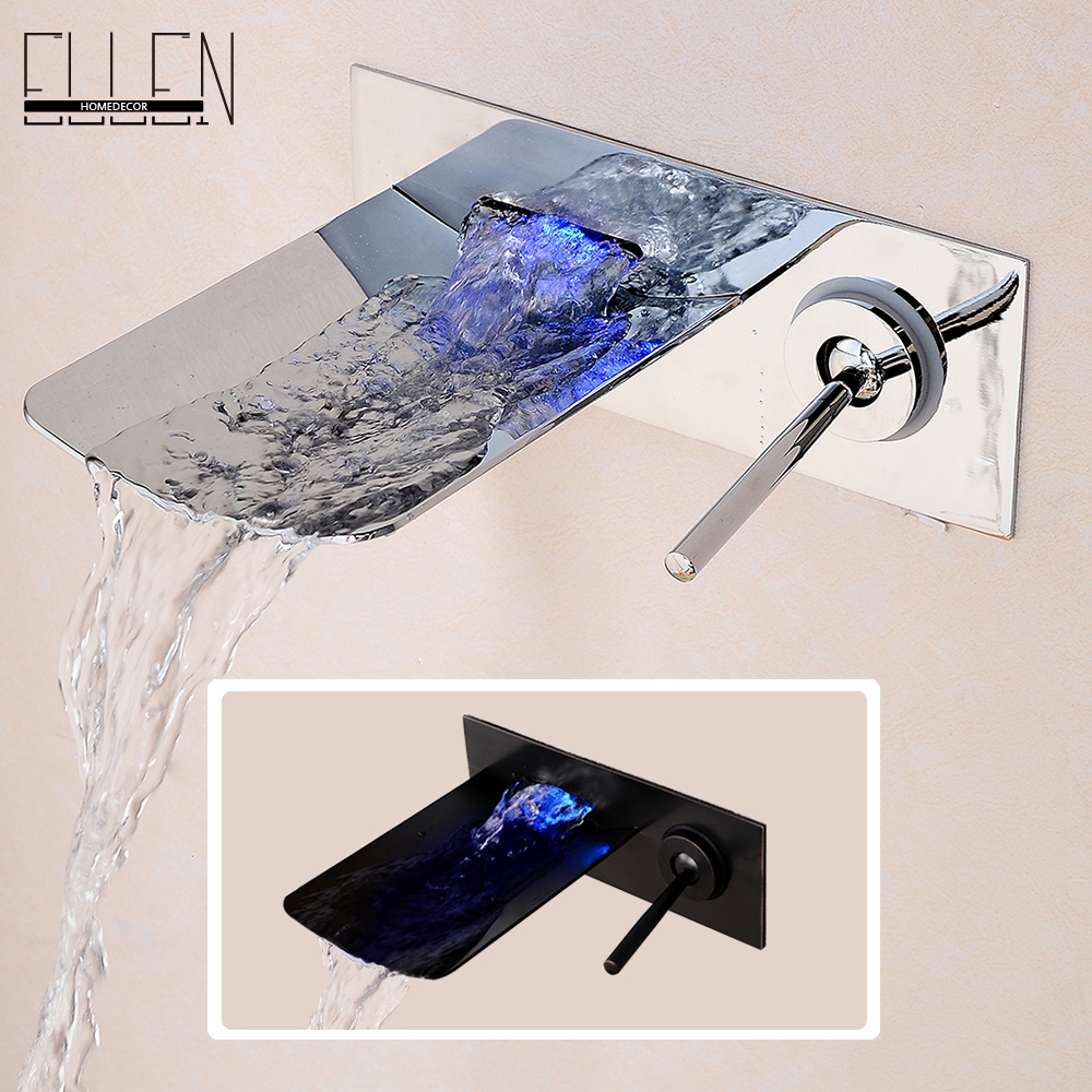 Water Led Bathroom Tap Faucet Temperature Color Changing LED Waterfall Wall Mount Bathroom Sink Faucet