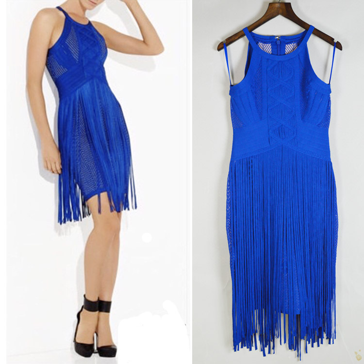 Blue Color Top Quality Ladies Sexy Tassel Bandage Fashion Dress Elegant Evening Party Dress