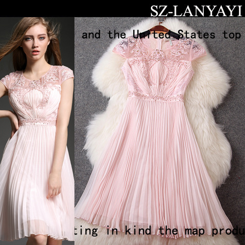 2015 Autumn Women Vintage Dress O-neck Beading Embroidery Pleated Slim Elegant Brand Luxury Pink Chiffon Princess Dress T2881